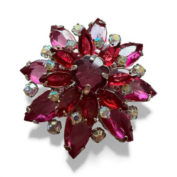 Jewelry - Vintage Ruby Red & Fuchsia Rhinestone Brooch – Large Layered Floral AB Pin